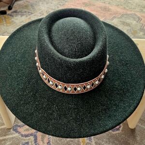 Elegant Green Wide-Brim Hat with Beaded Band